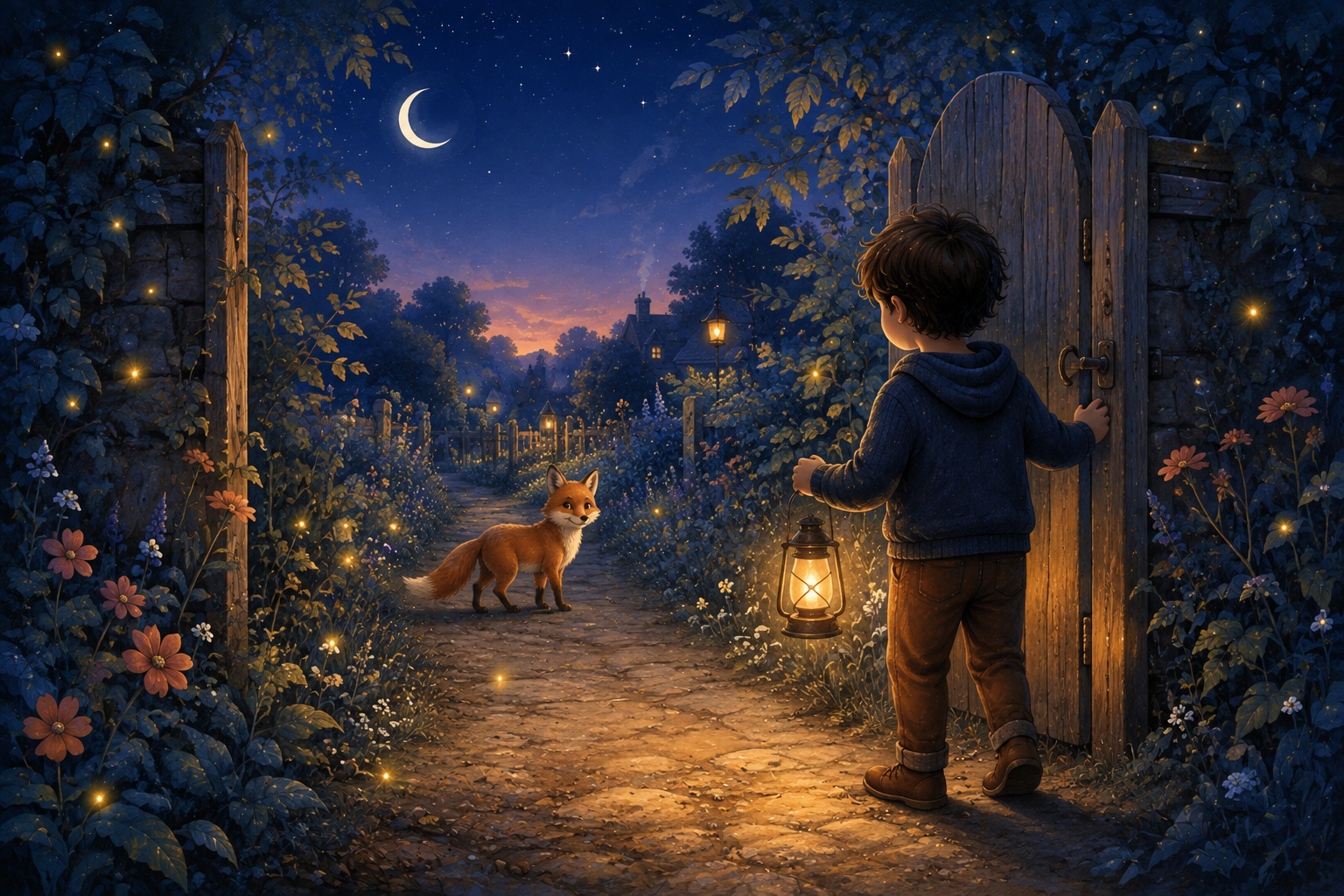 A child with a lantern meets a friendly fox at a garden gate