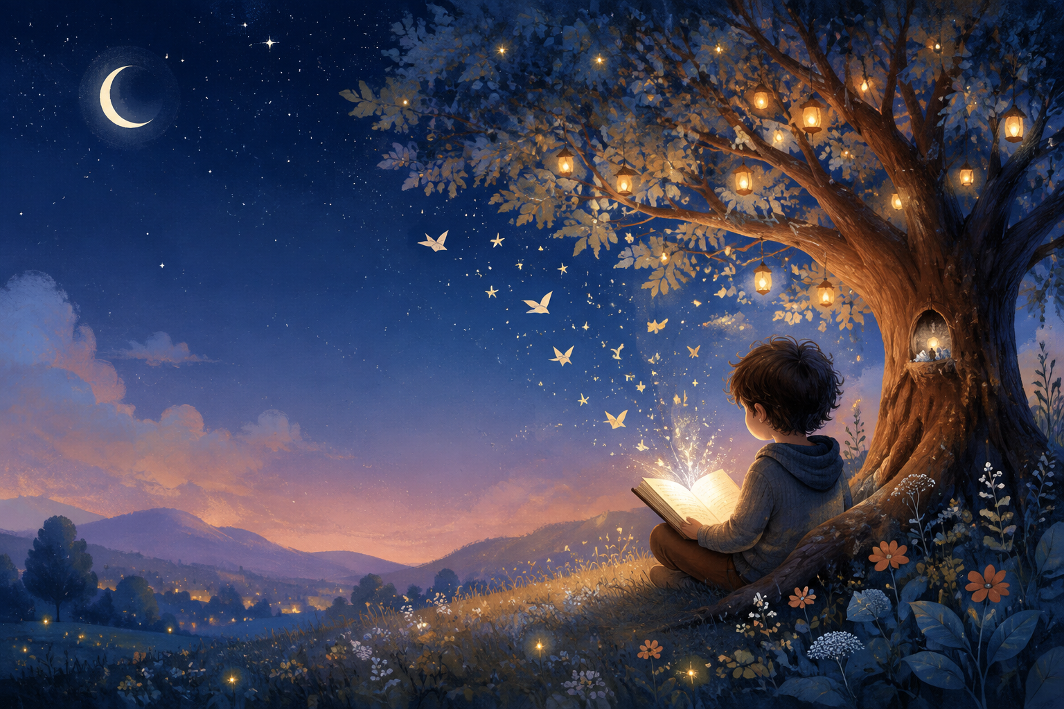 A child reading a glowing book under a lantern-lit tree